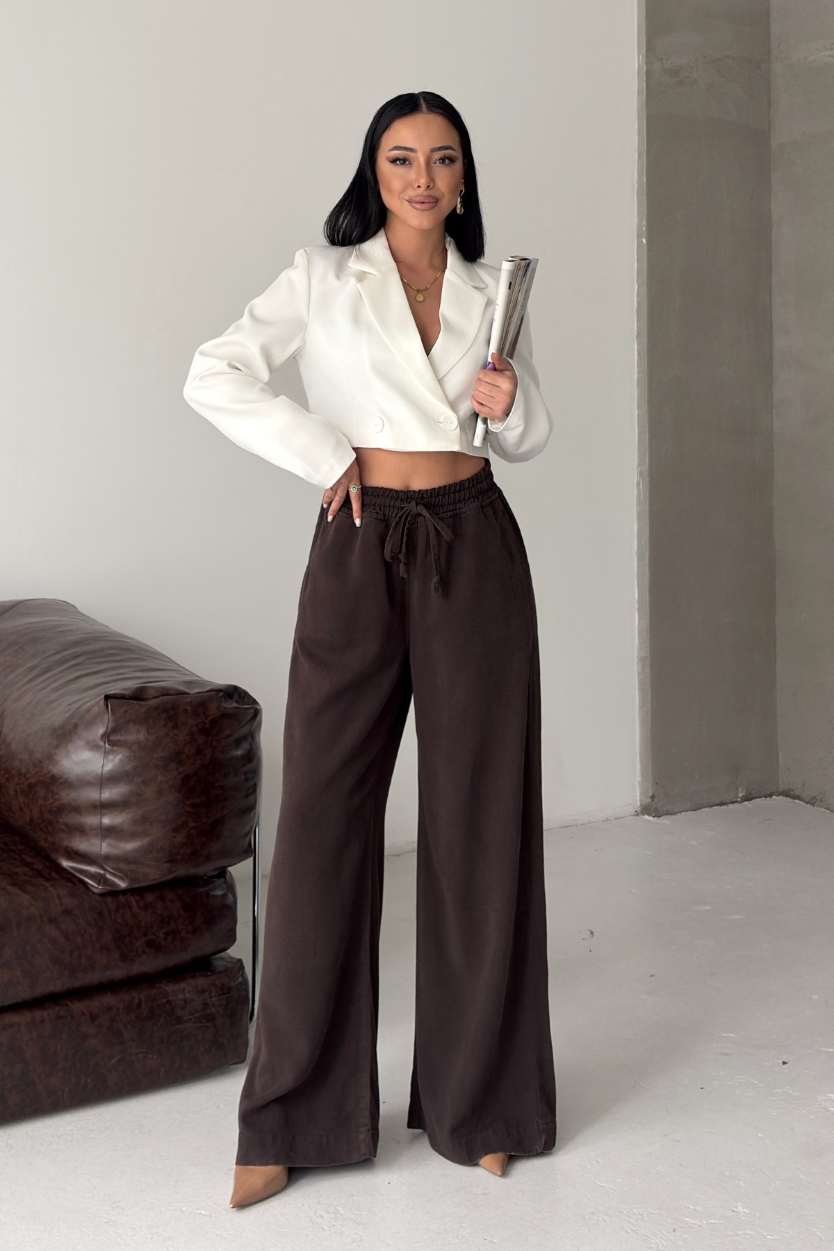 Lastikli Palazzo Pantolon 7150 Kahverengi