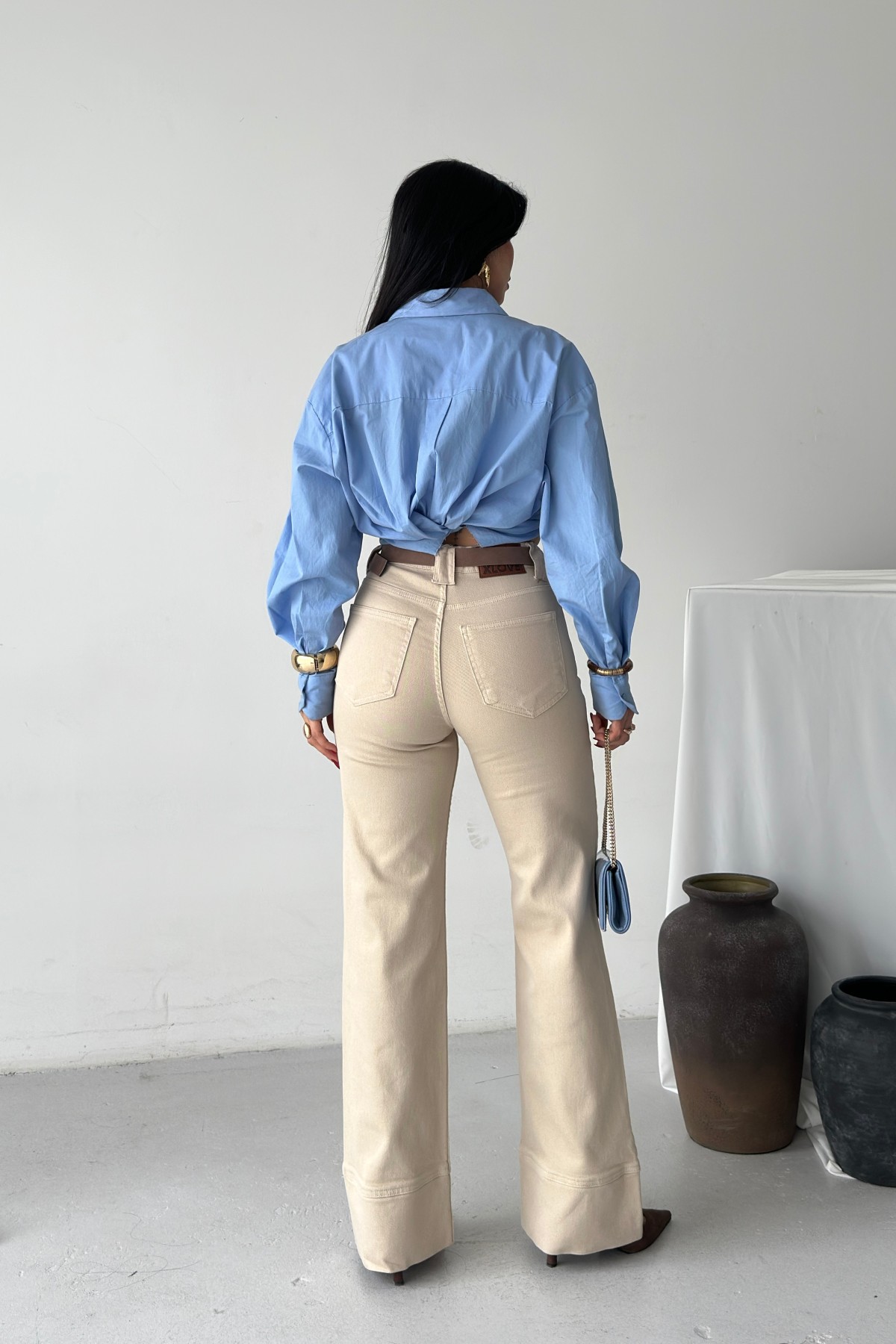 Paça Detaylı Palazzo Kot Pantolon 7164 Taş