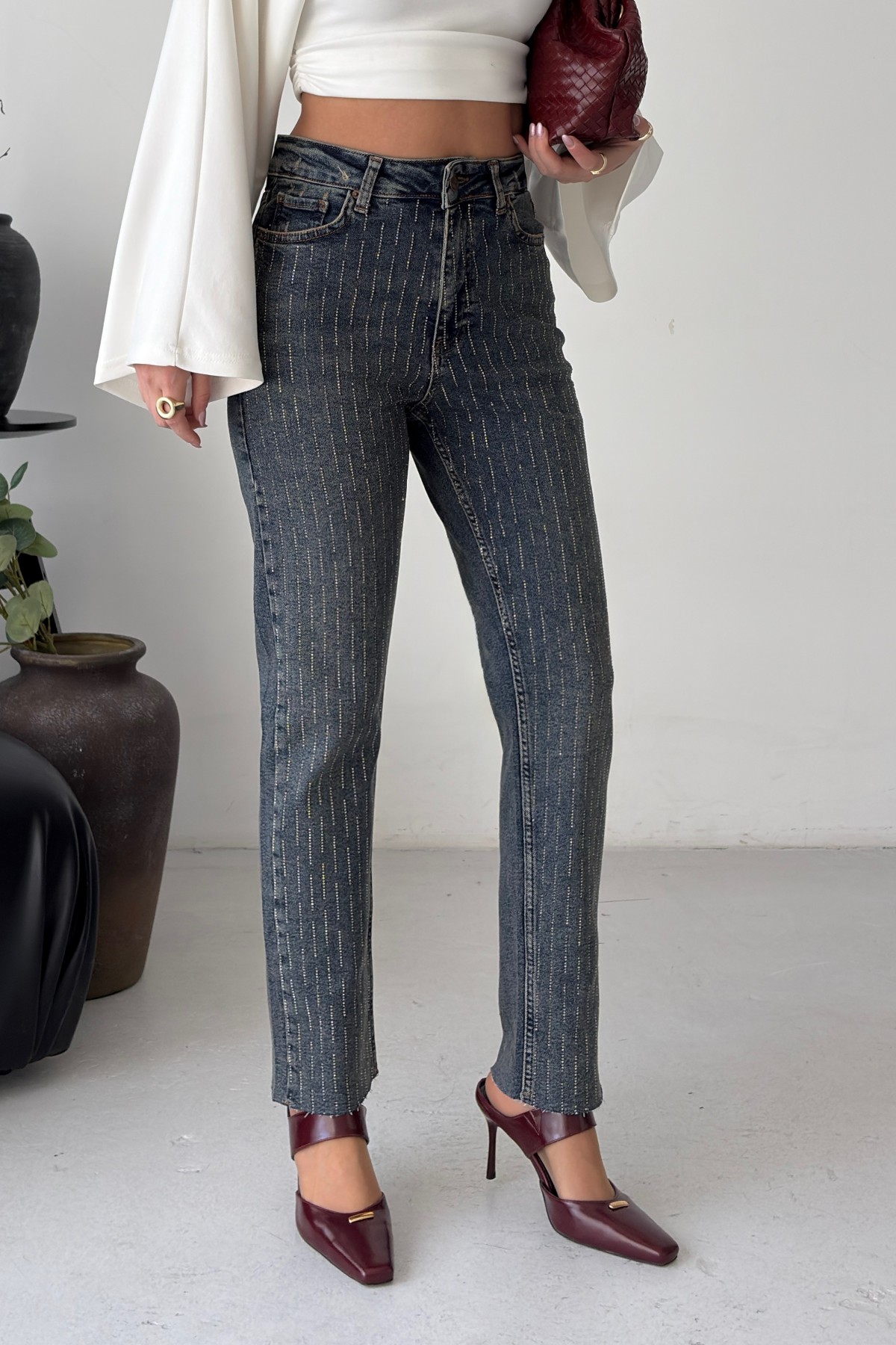 Taşlı Mom Fit Kot Pantolon 7218 Koyu Mavi Kar Yıkama Tintli