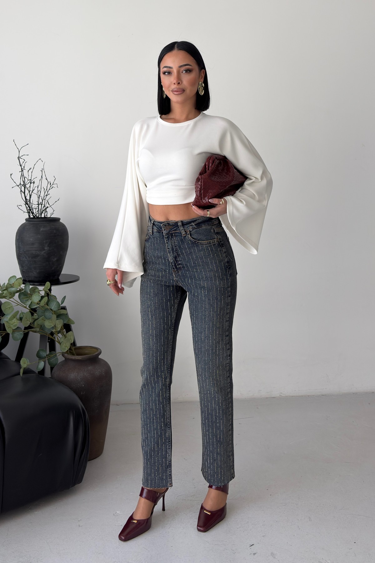 Taşlı Mom Fit Kot Pantolon 7218 Koyu Mavi Kar Yıkama Tintli