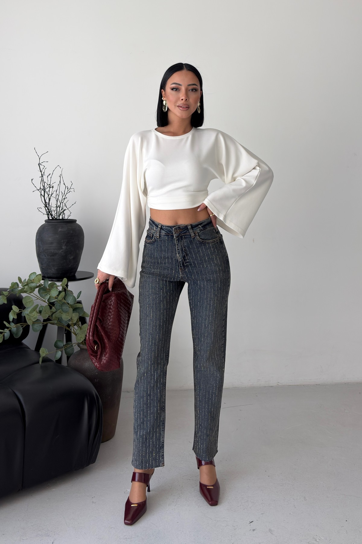 Taşlı Mom Fit Kot Pantolon 7218 Koyu Mavi Kar Yıkama Tintli
