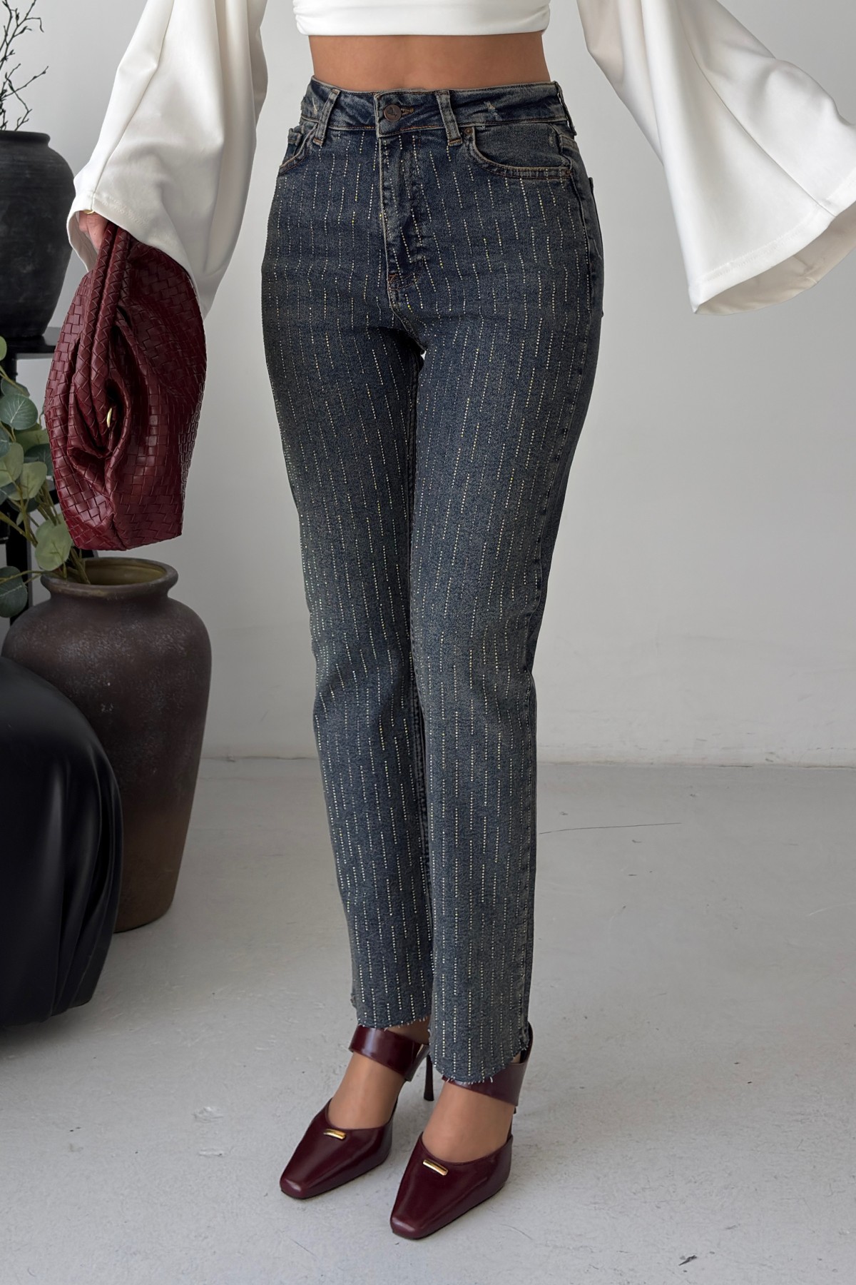 Taşlı Mom Fit Kot Pantolon 7218 Koyu Mavi Kar Yıkama Tintli