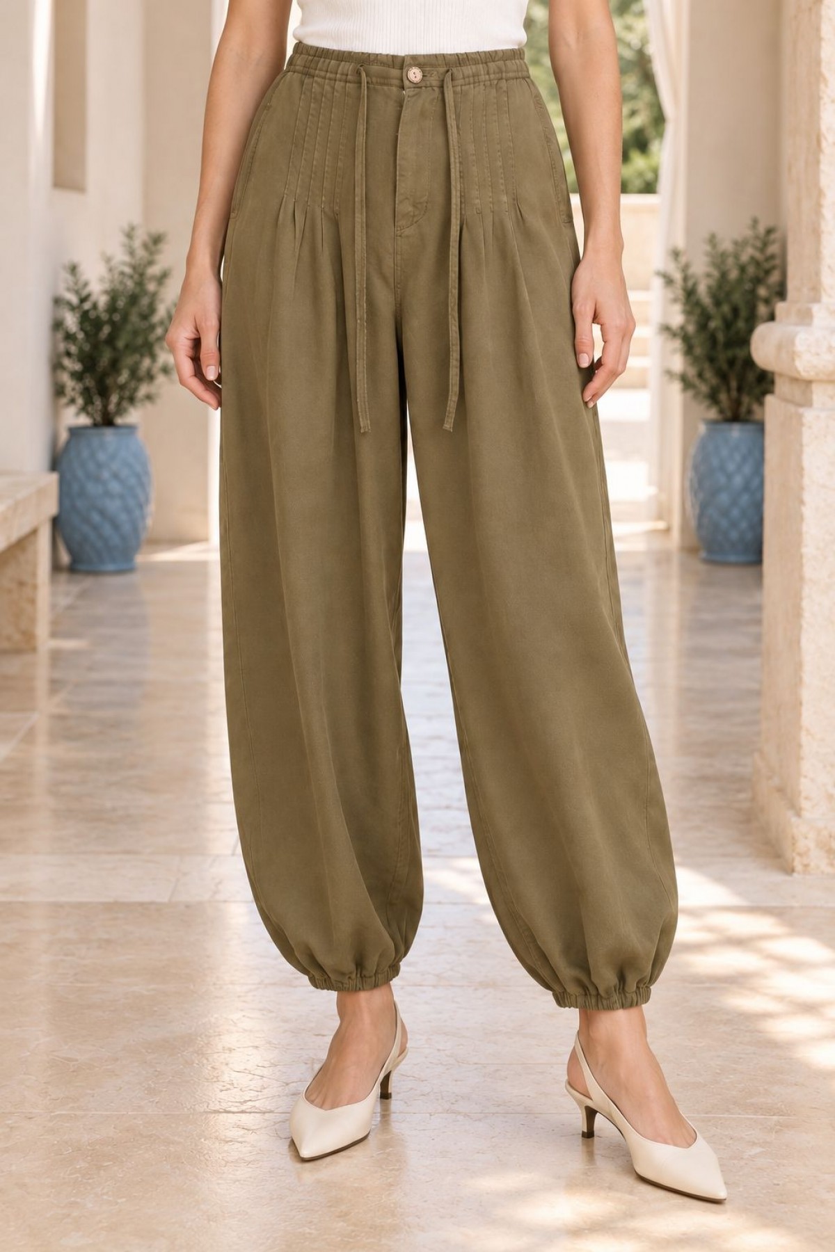 Kroşetalı Paça ve Beli Lastikli Pantolon 7241 Olive Yeşil