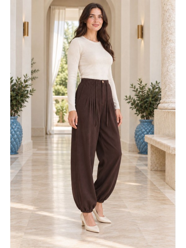 Kroşetalı Paça ve Beli Lastikli Pantolon 7241 Kahverengi