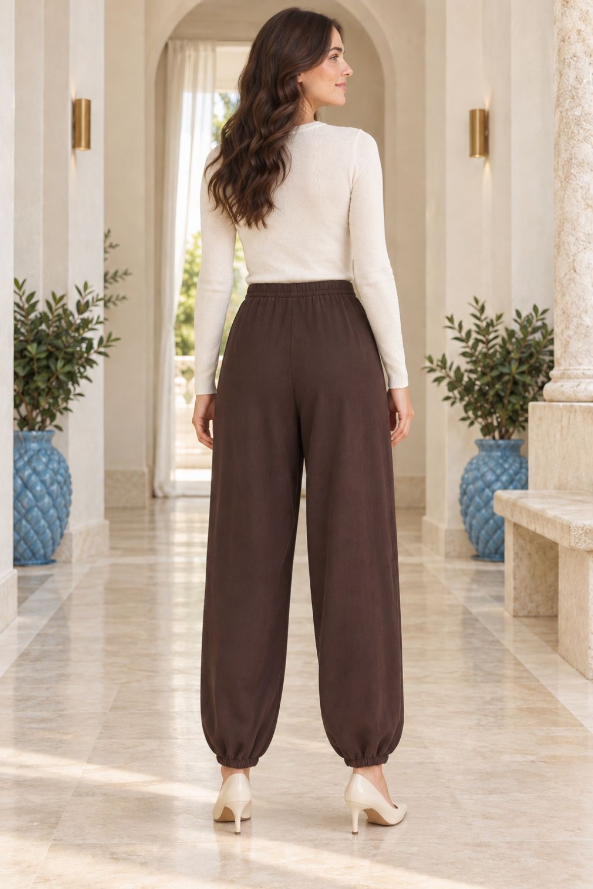 Kroşetalı Paça ve Beli Lastikli Pantolon 7241 Kahverengi