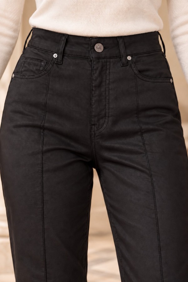 Çımalı Mom Fit Kaplama Deri Pantolon 7499 Siyah