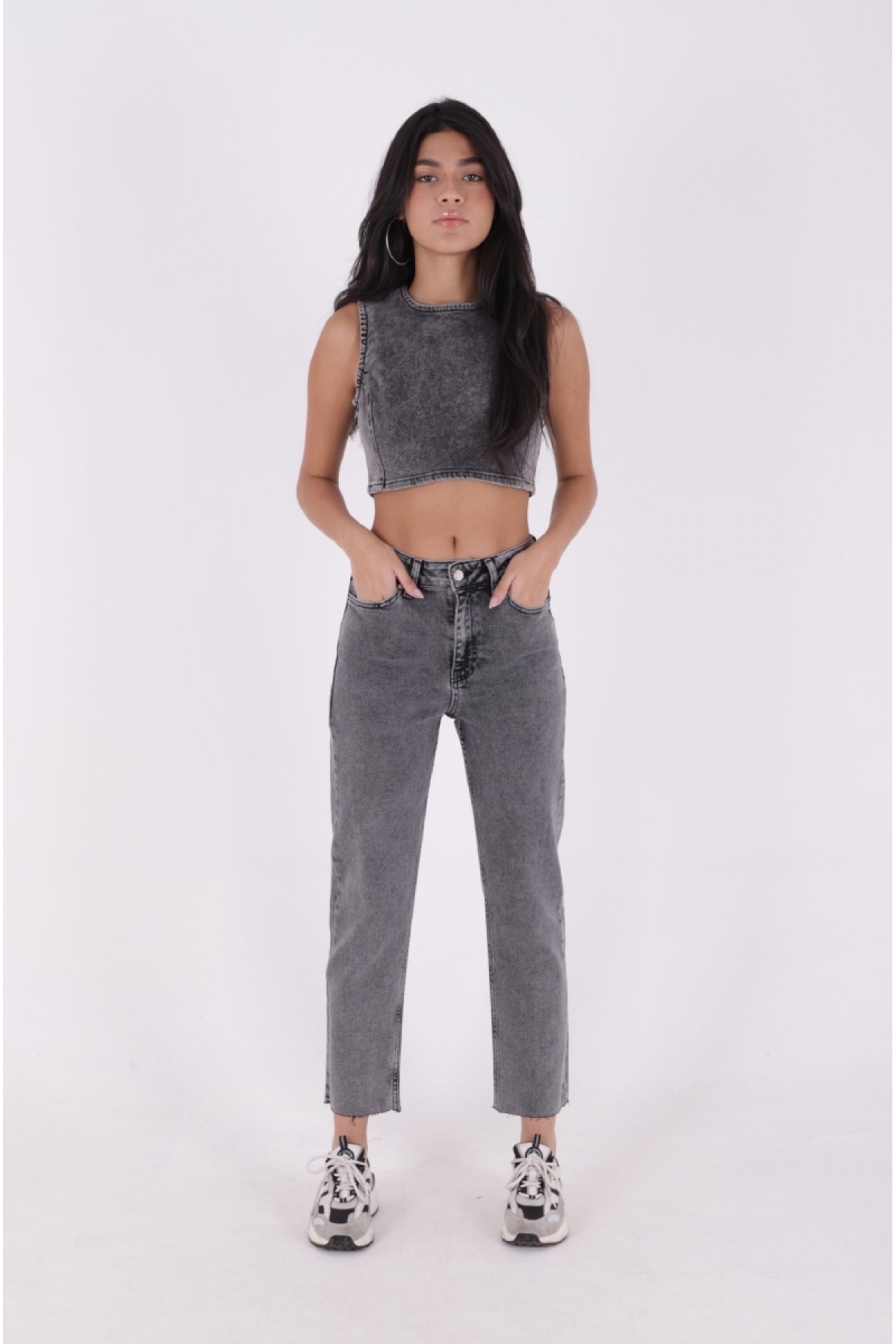 Dikişsiz Paça Mom Fit Kot Pantolon 764 Gri Kar Yıkama