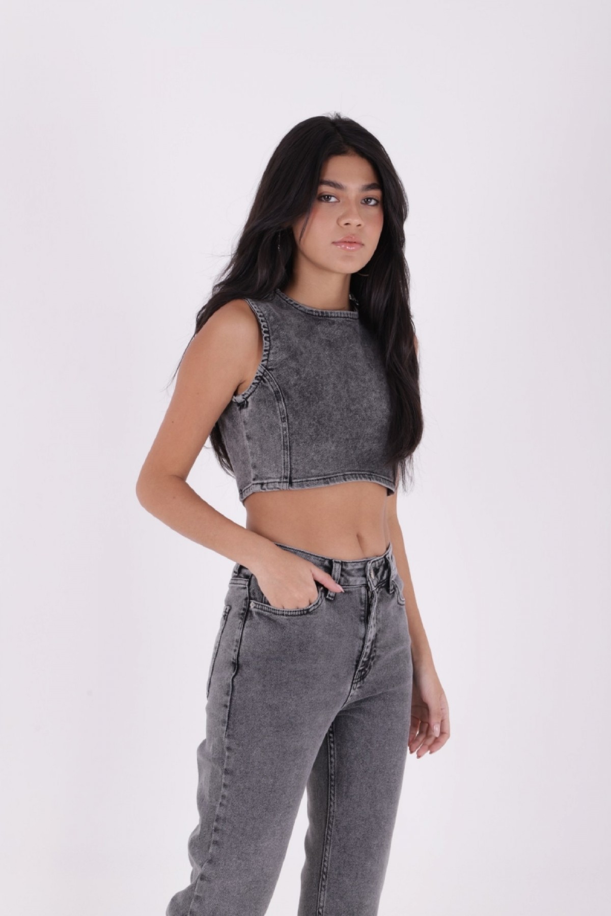Dikişsiz Paça Mom Fit Kot Pantolon 764 Gri Kar Yıkama