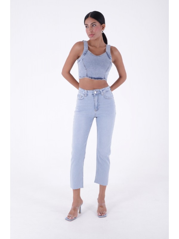 Fringe Ending High Waisted Mom Fit Jean Mixed Ice Blue - Tinted
