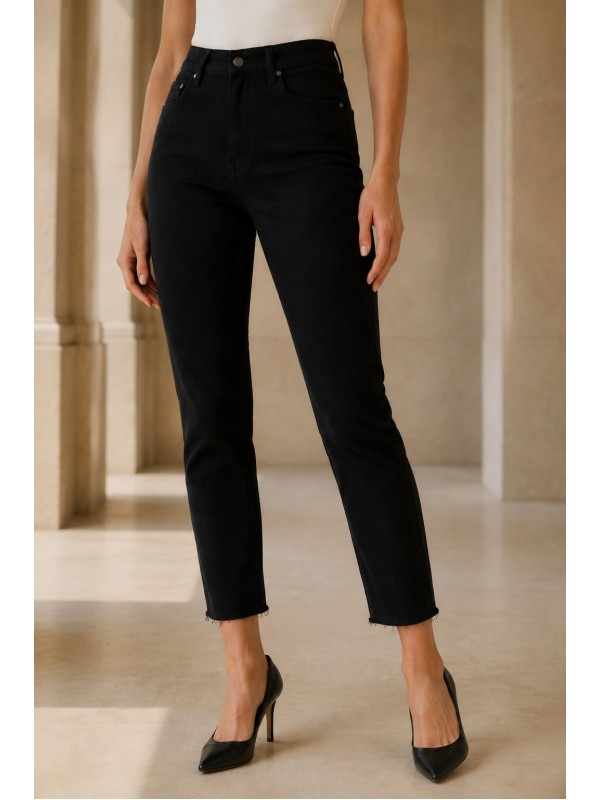 Fringe Ending High Waisted Mom Fit Jean 764 Gabardine Black