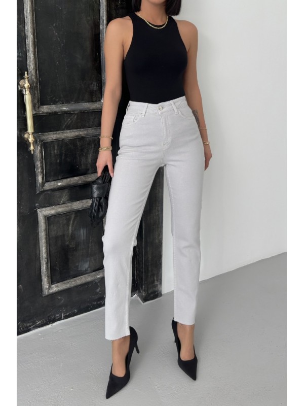 Dikişsiz Paça Mom Fit Kot Pantolon 764 Açık Gri