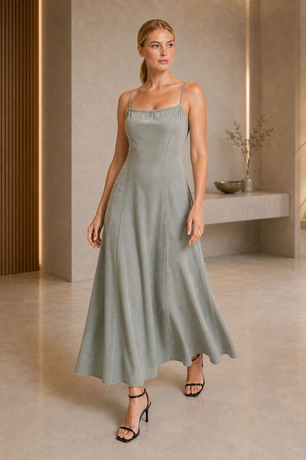 Strappy Long Ruffled Dress HS3052 Green