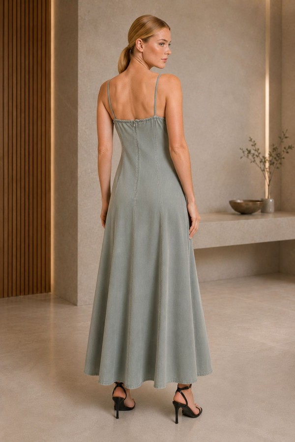 Strappy Long Ruffled Dress HS3052 Green