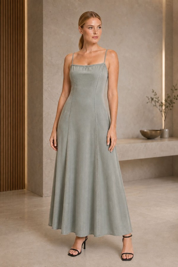 Strappy Long Ruffled Dress HS3052 Green