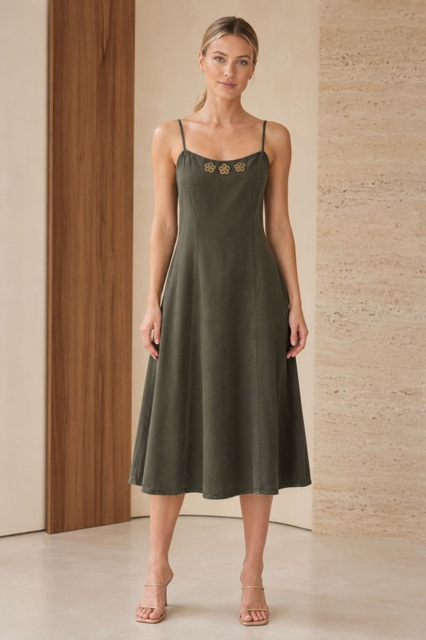 Elevator Strap Linen Dress HS3107 Khaki