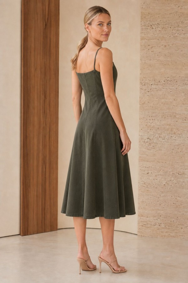 Elevator Strap Linen Dress HS3107 Khaki