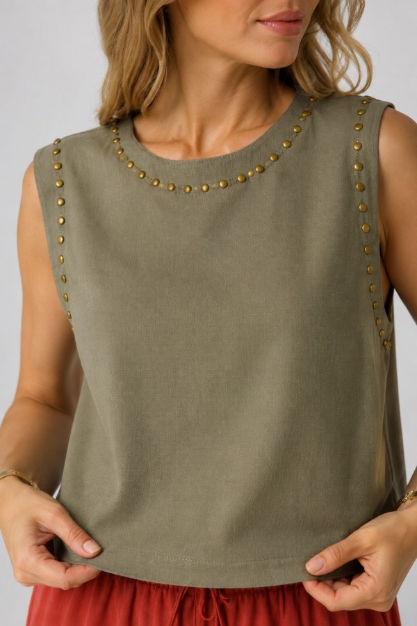 Sleeveless Blouse with Stud Detail HS431 Green