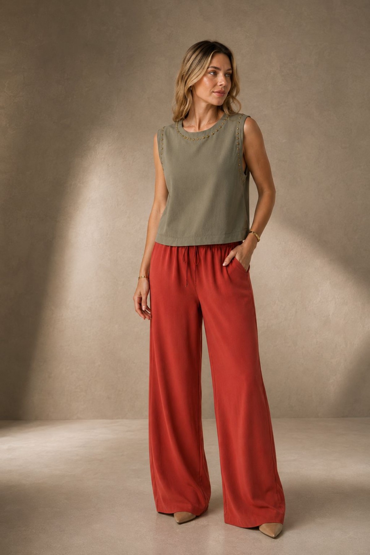 Sleeveless Blouse with Stud Detail HS431 Green