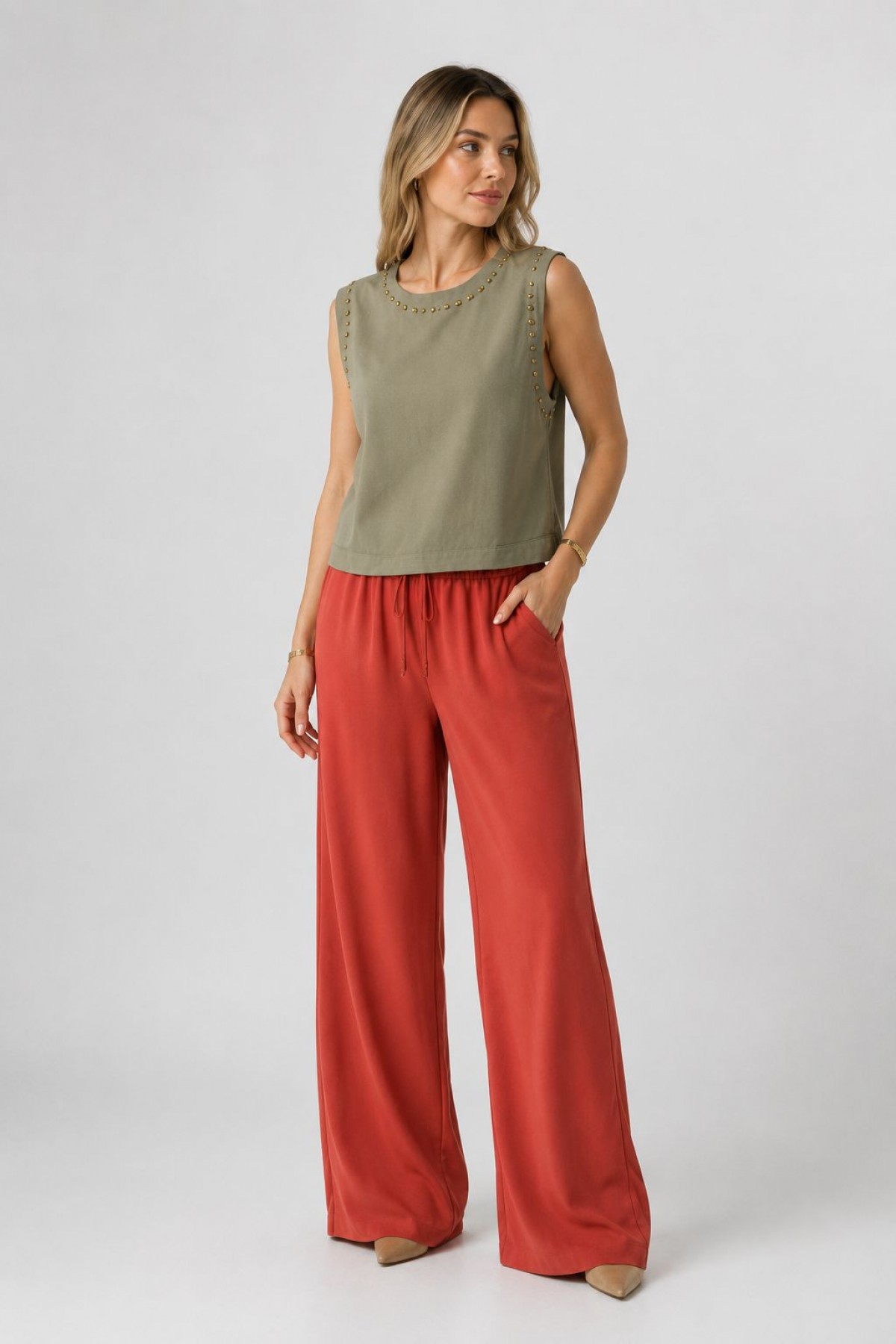 Sleeveless Blouse with Stud Detail HS431 Green