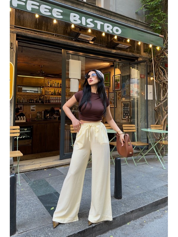 Lastikli Palazzo Pantolon HS708 Tereyağ Sarısı