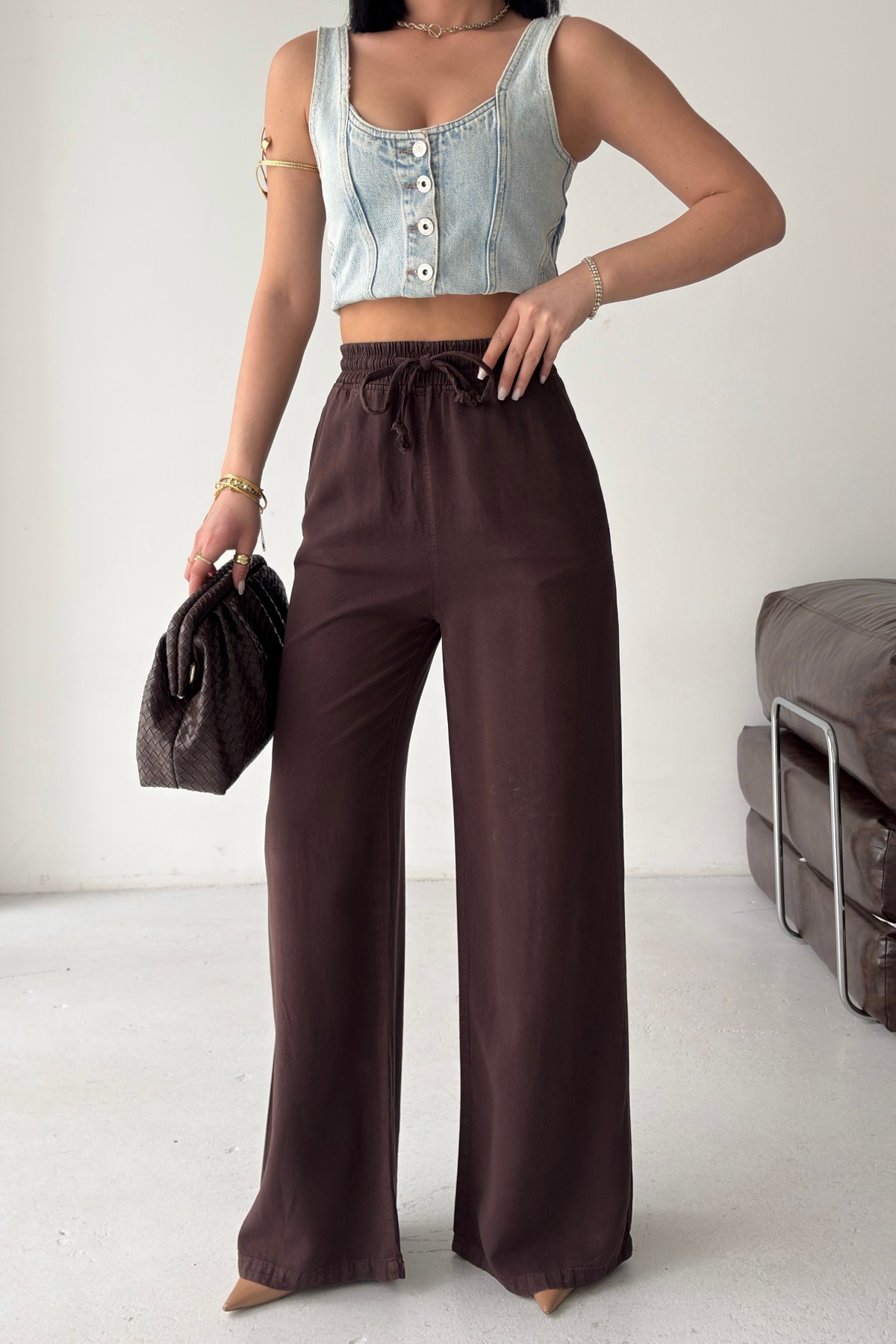 Lastikli Palazzo Pantolon HS708 Kahverengi