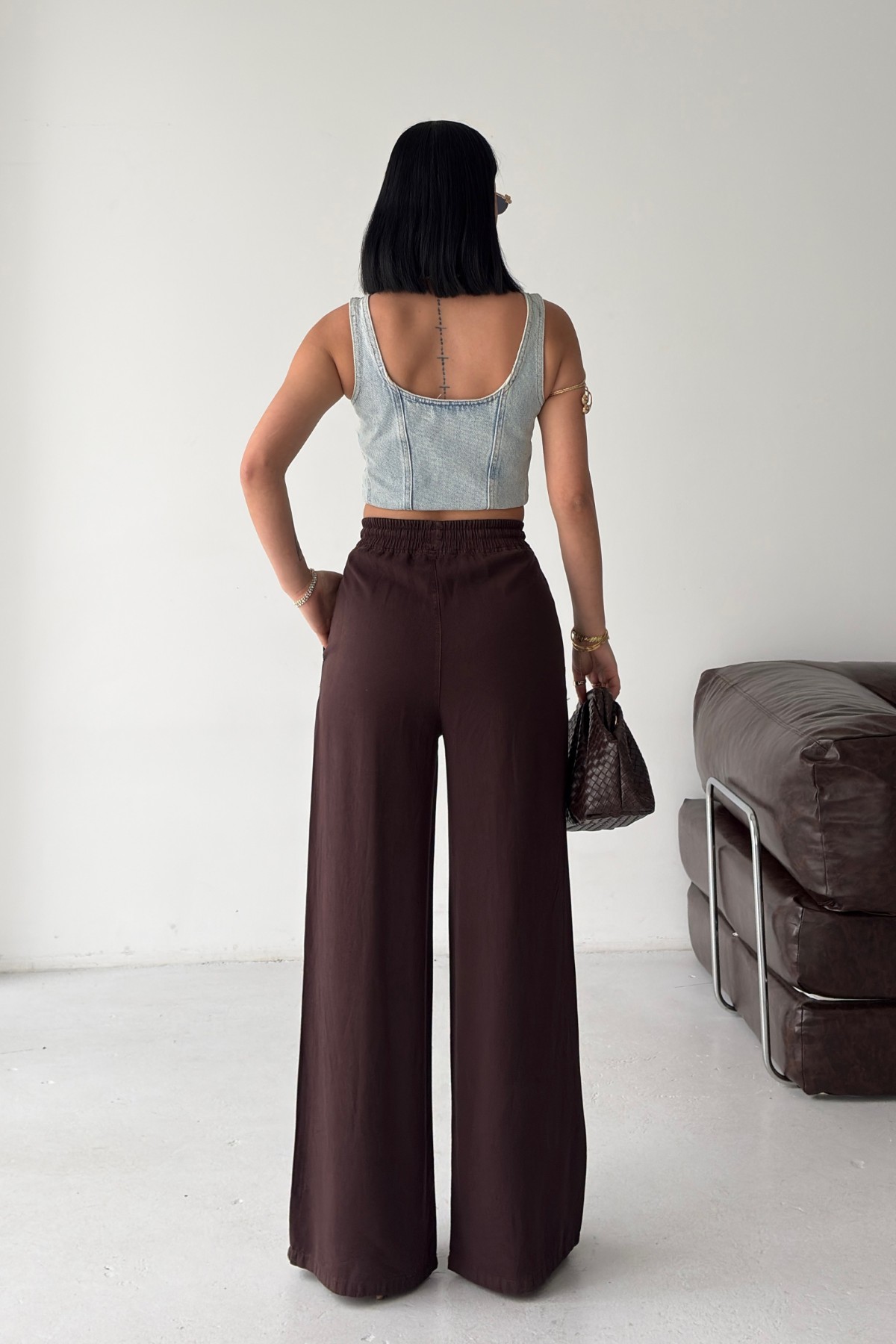 Lastikli Palazzo Pantolon HS708 Kahverengi