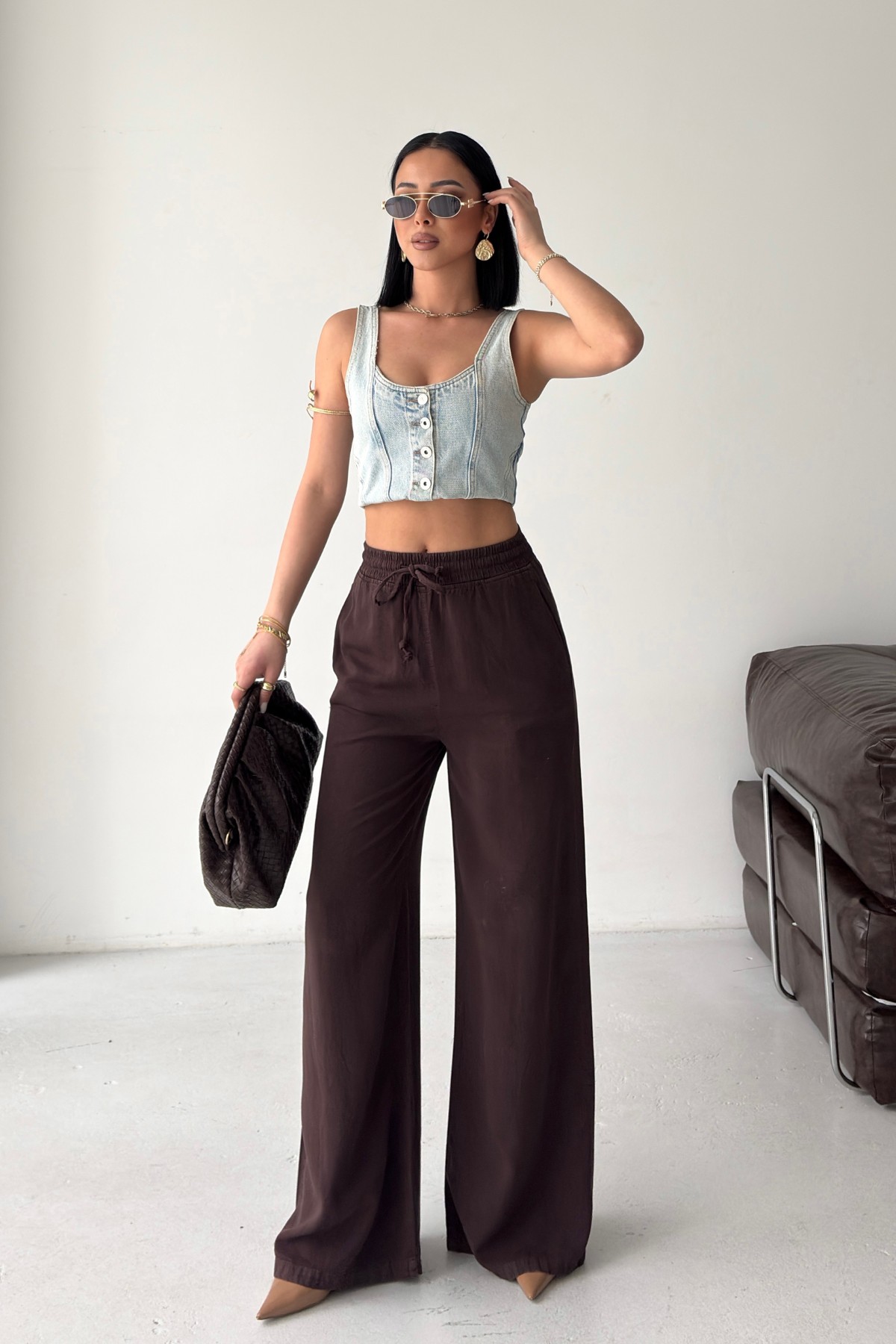 Lastikli Palazzo Pantolon HS708 Kahverengi