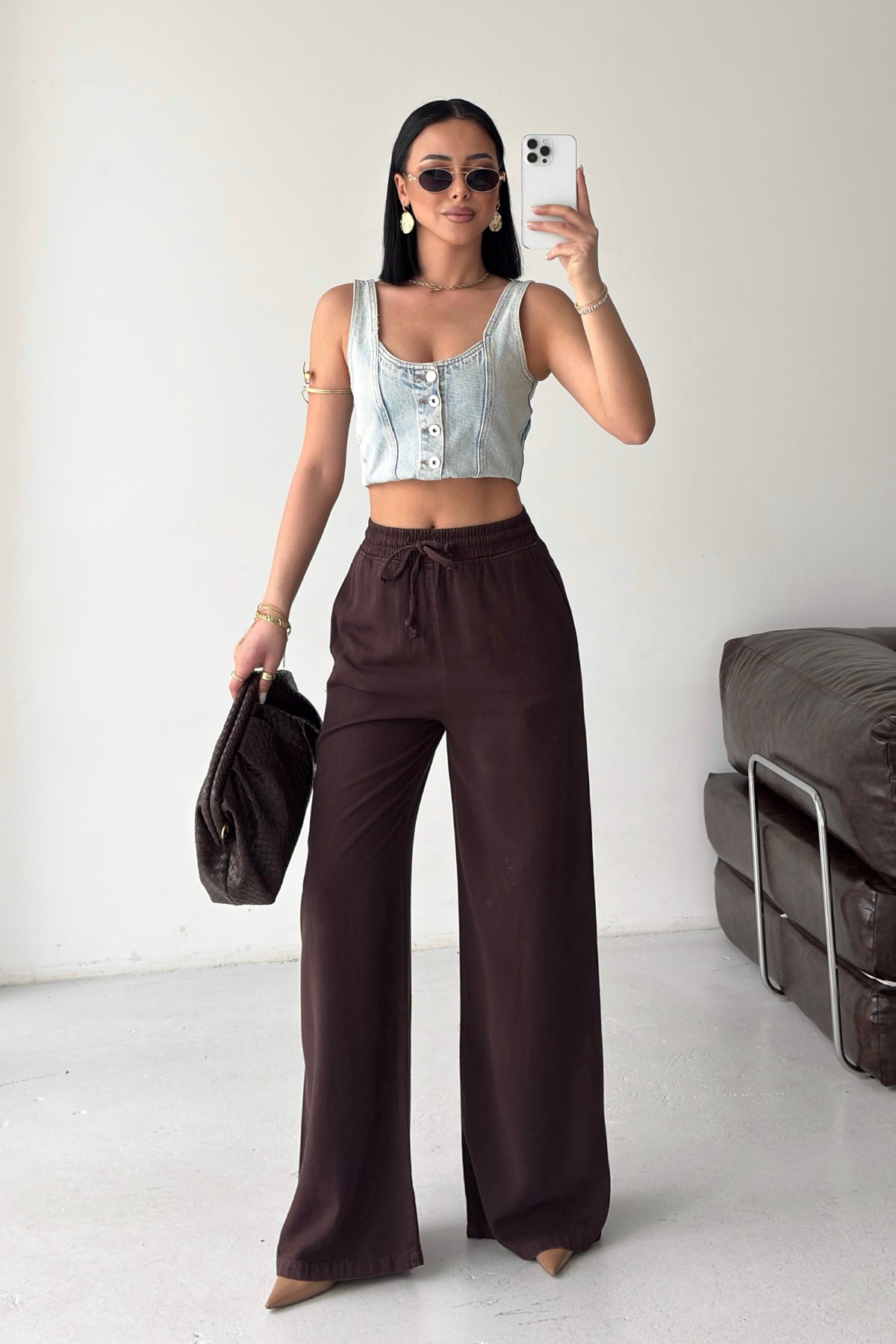 Lastikli Palazzo Pantolon HS708 Kahverengi