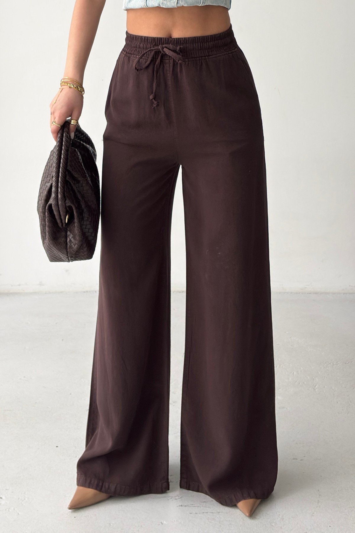 Lastikli Palazzo Pantolon HS708 Kahverengi