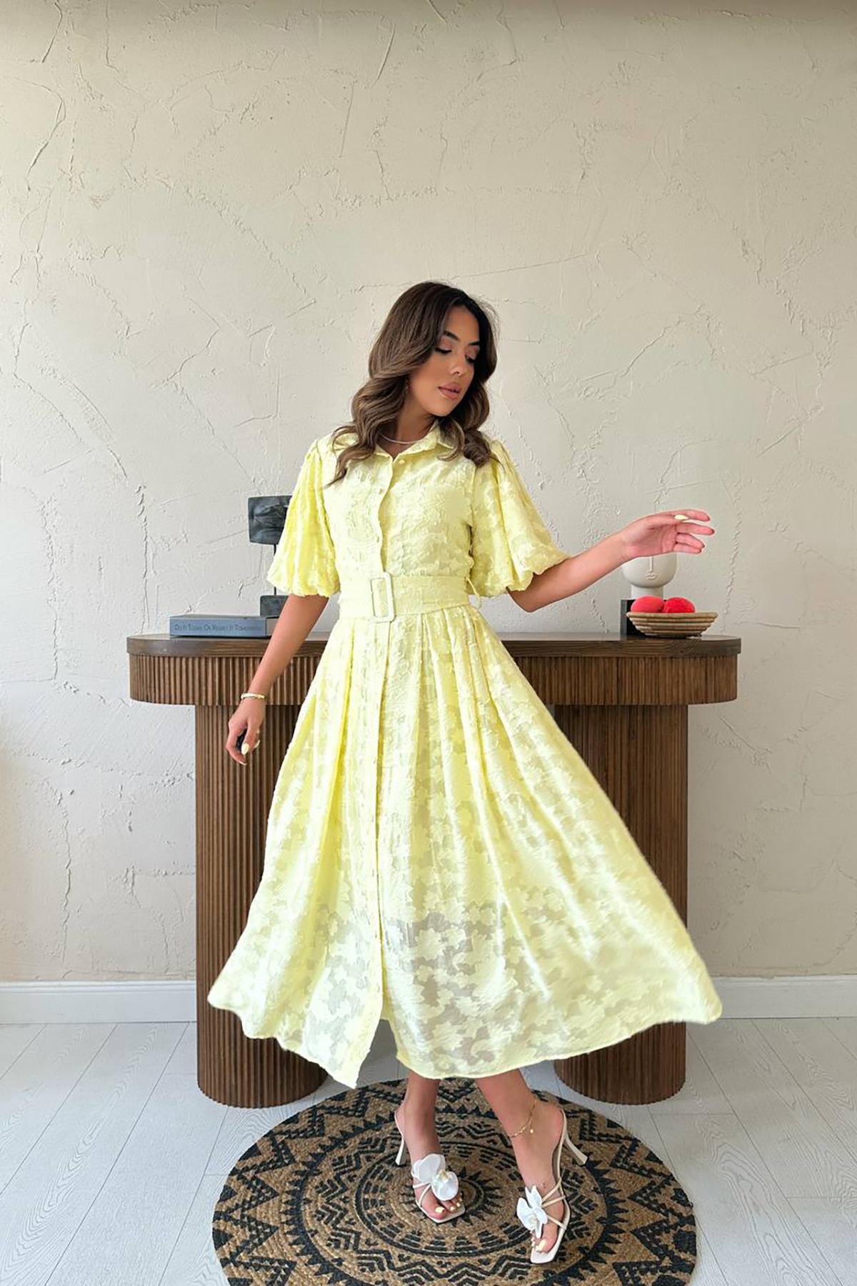 Wholesale Yellow Belted Balloon Sleeve Dress Yellow