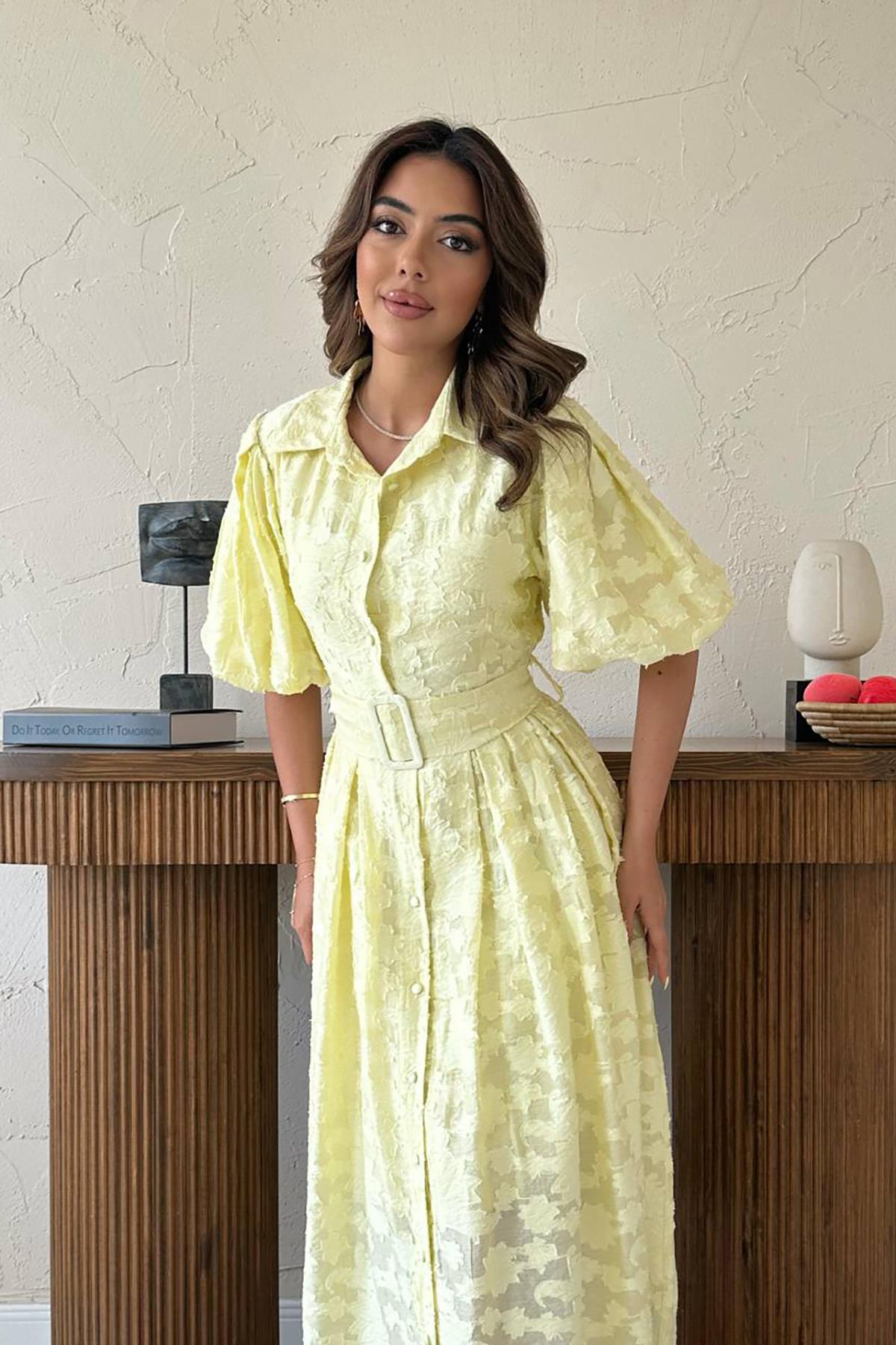 Wholesale Yellow Belted Balloon Sleeve Dress Yellow Wholesale Yellow Belted Balloon Sleeve Dress Yellow