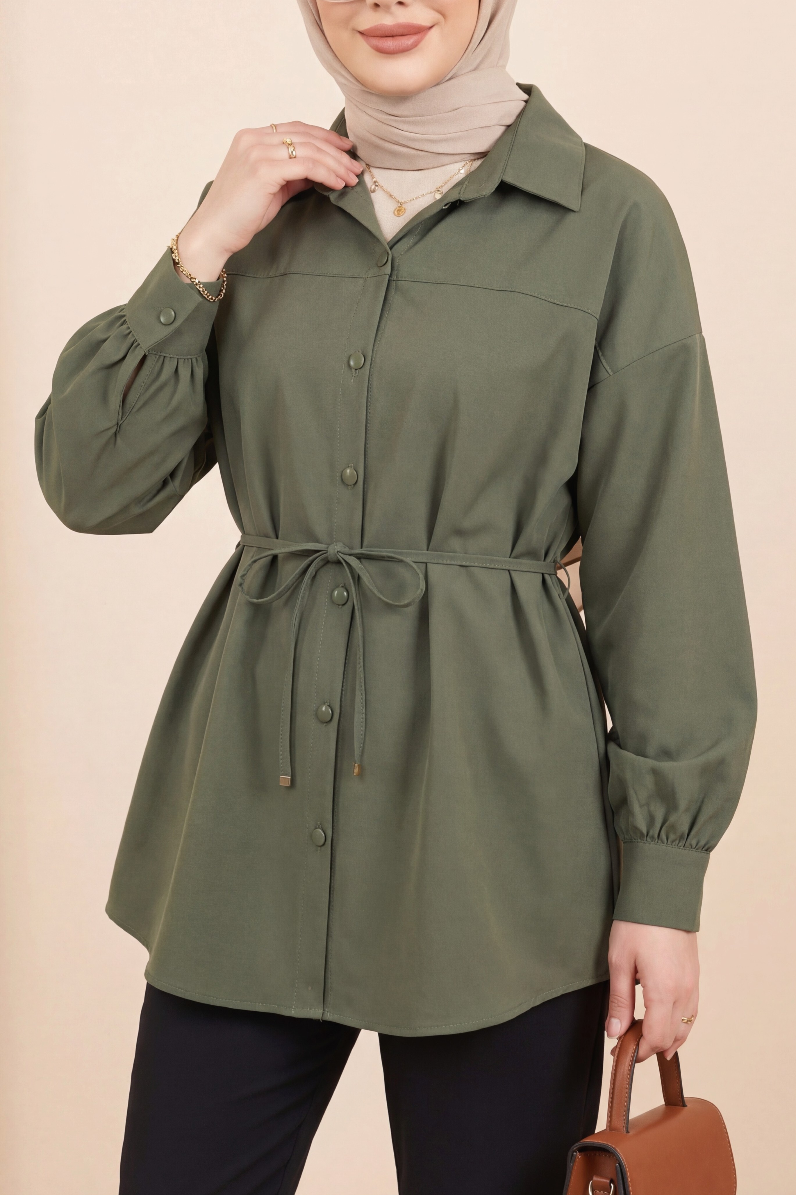 Oversize Modal Tunic with Belt and Button Closure