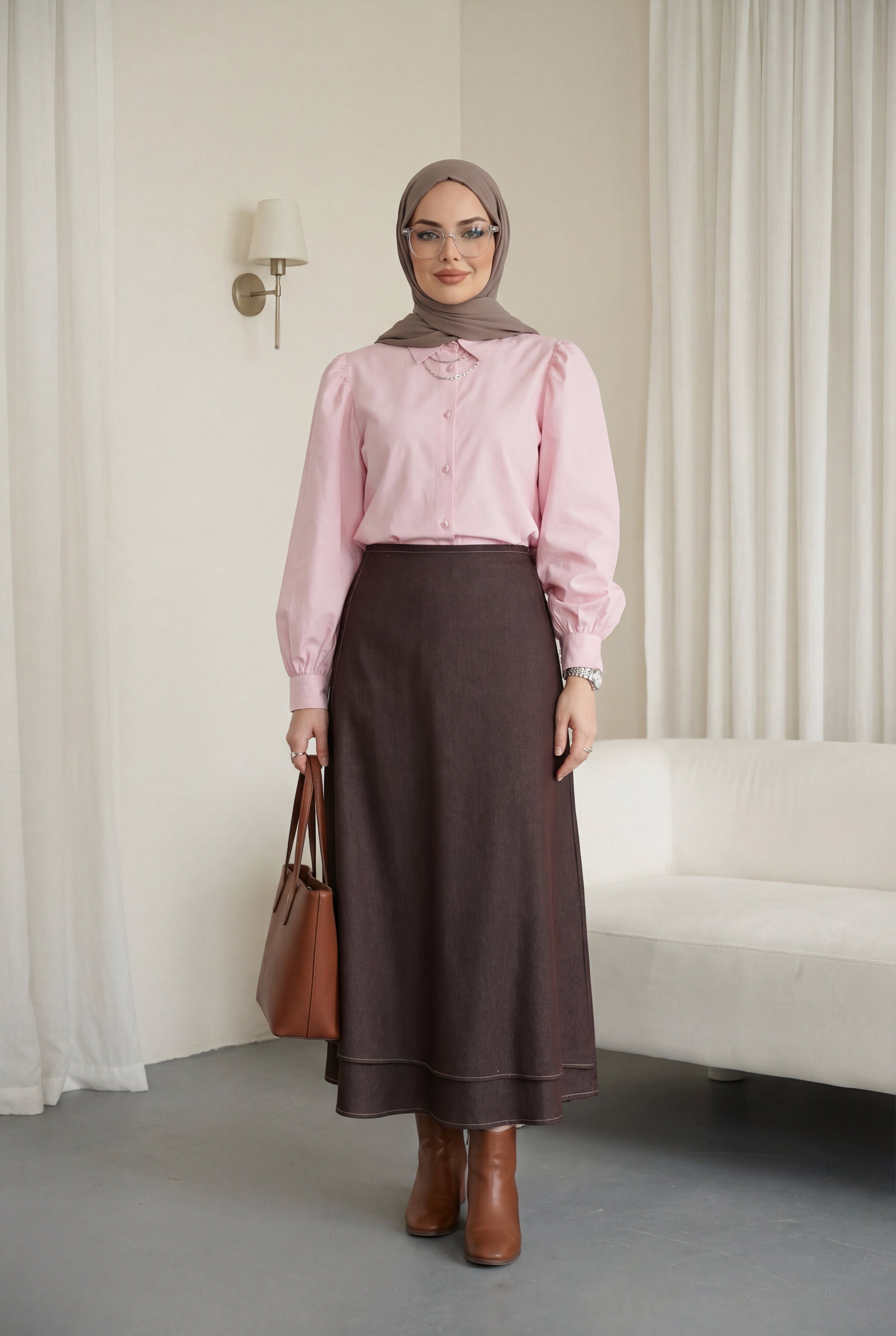 Front Double Layer Denim Skirt with Side Laces and Zipper